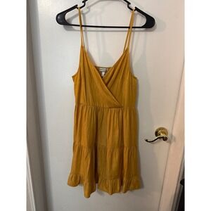 Extraordinary Mustard Yellow Tiered Mini Dress Smocked Back Spaghetti Strap M